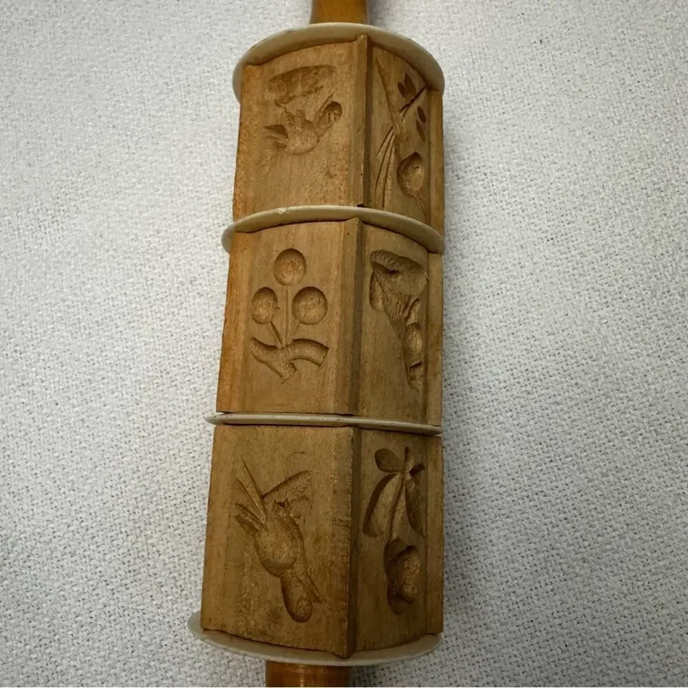Vintage wooden carved Springerle mold cookie cutter rolling pin